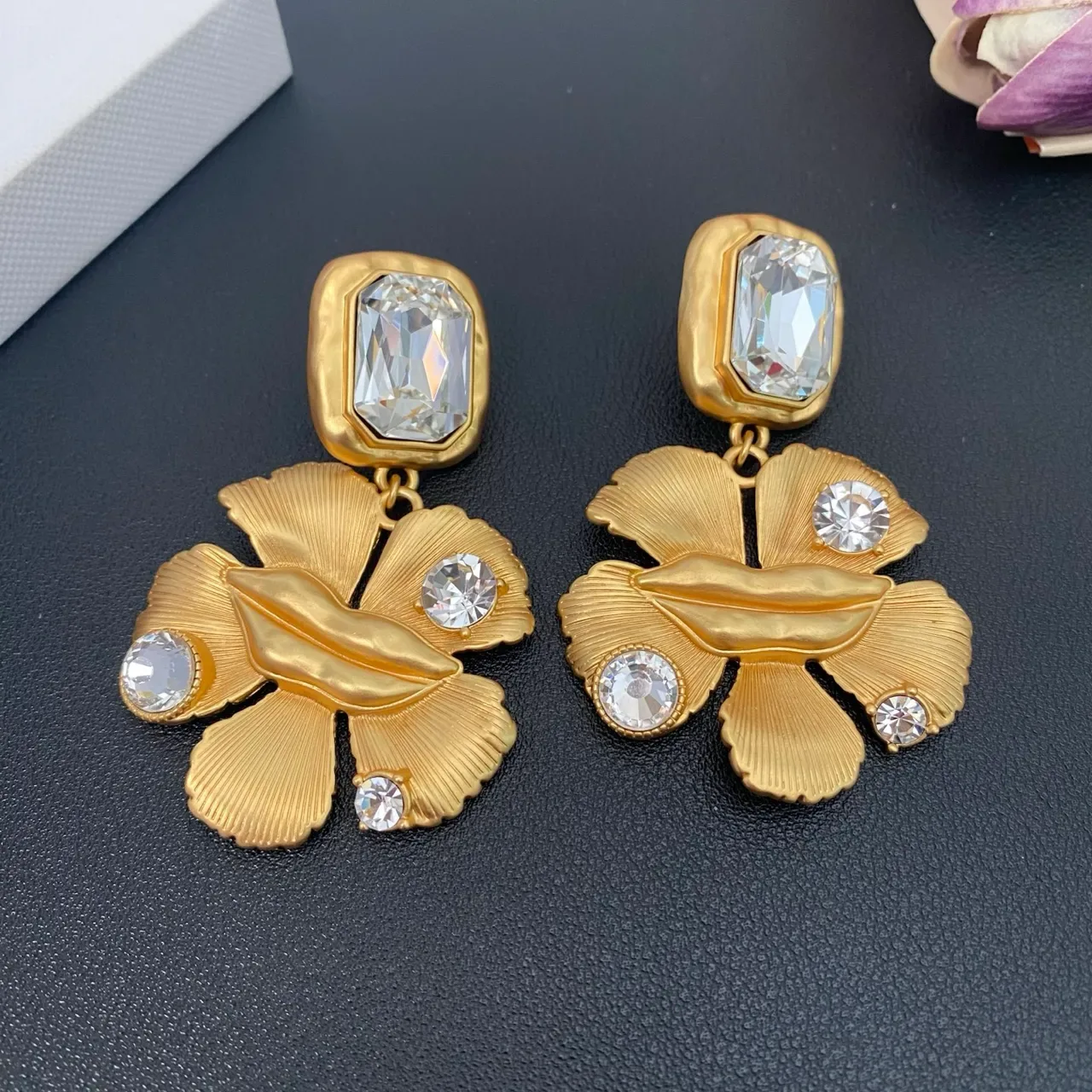 Gold Transparent Floral Drop Faceted Crystal Accents Earrings 5