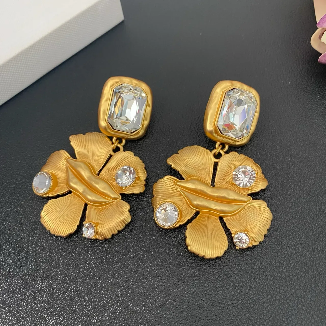 Gold Transparent Floral Drop Faceted Crystal Accents Earrings 6