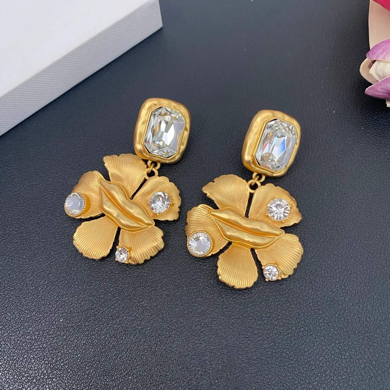 Gold Transparent Floral Drop Faceted Crystal Accents Earrings 7