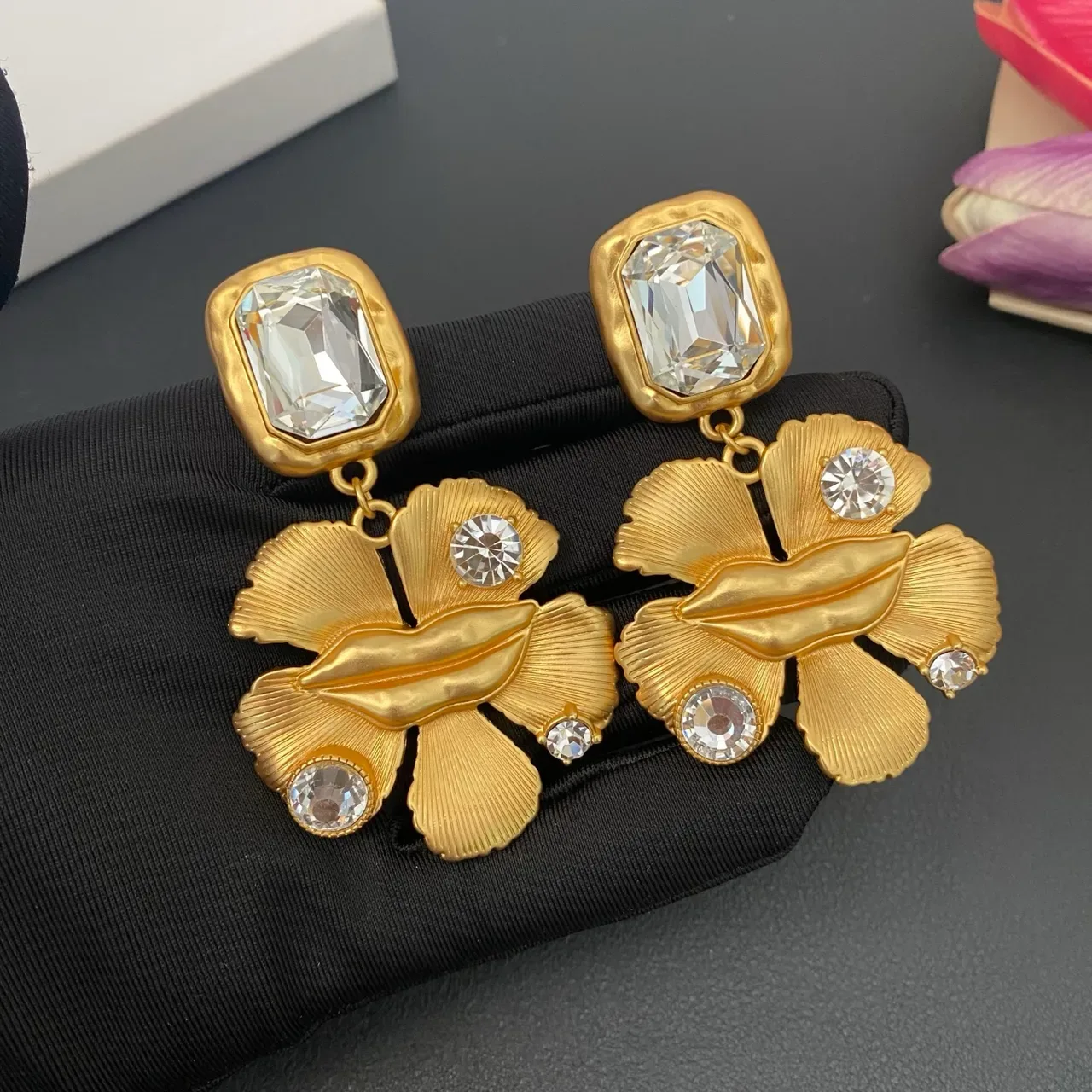 Gold Transparent Floral Drop Faceted Crystal Accents Earrings 8
