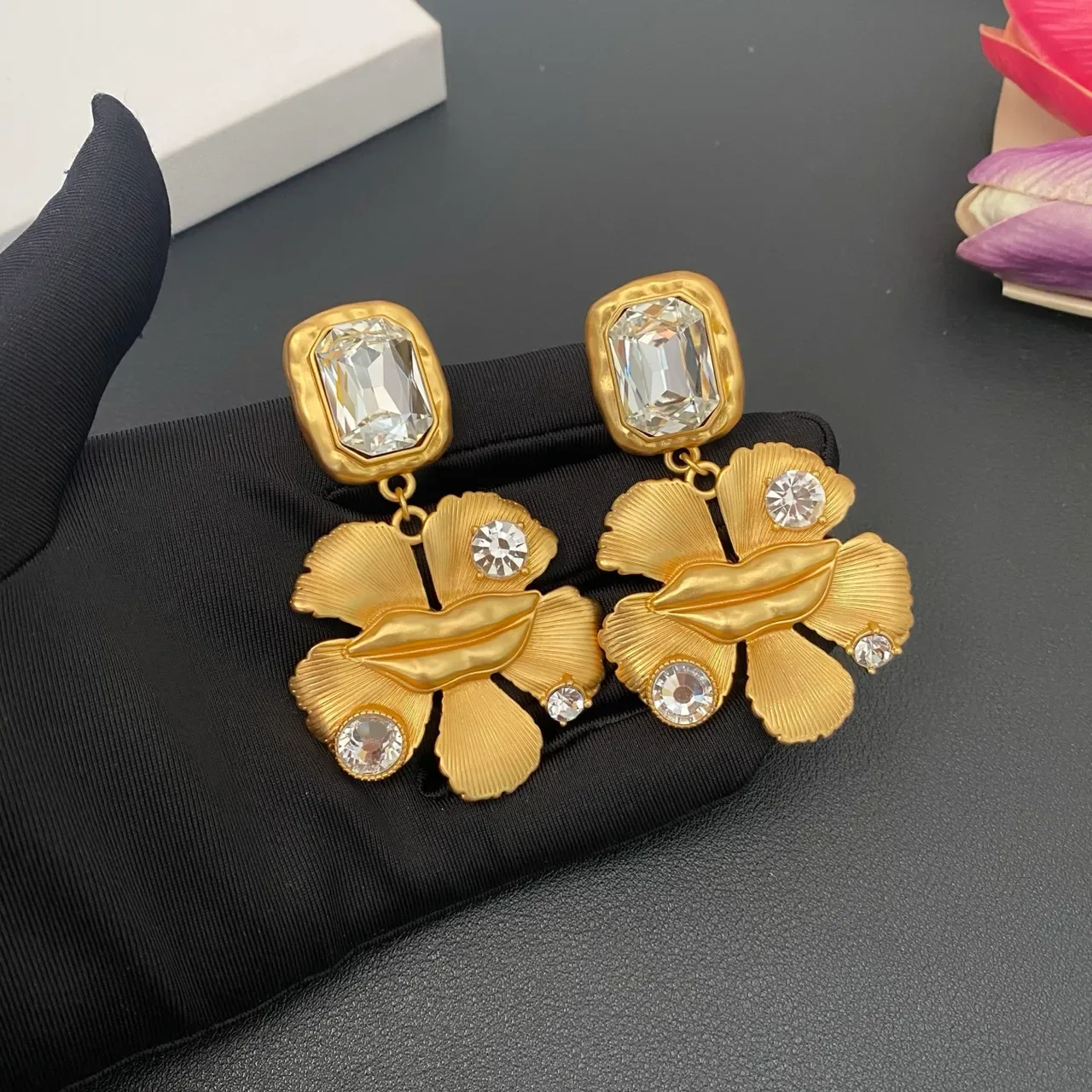 Gold Transparent Floral Drop Faceted Crystal Accents Earrings 10