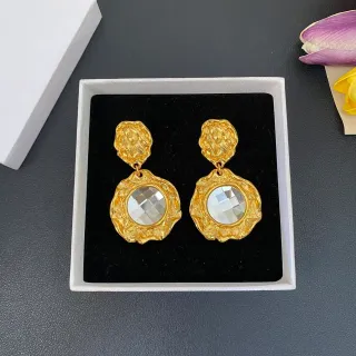 Gold Transparent Textured Metal Faceted Crystal Centerpiece Earrings