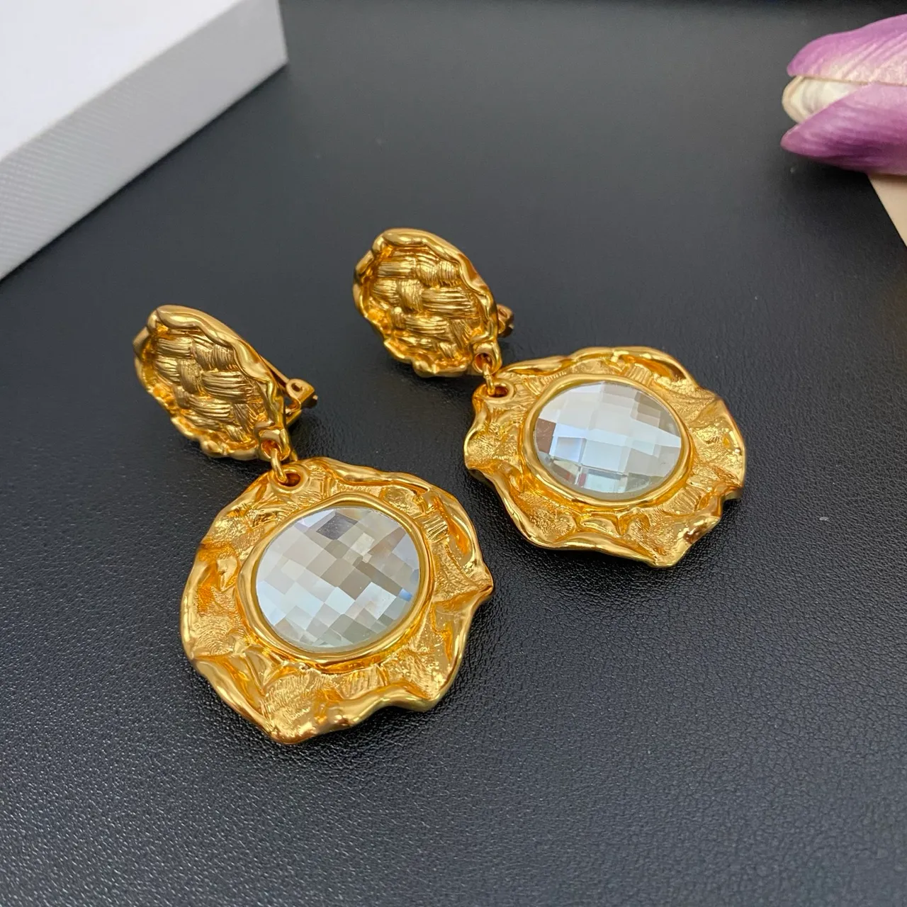 Gold Transparent Textured Metal Faceted Crystal Centerpiece Earrings 6