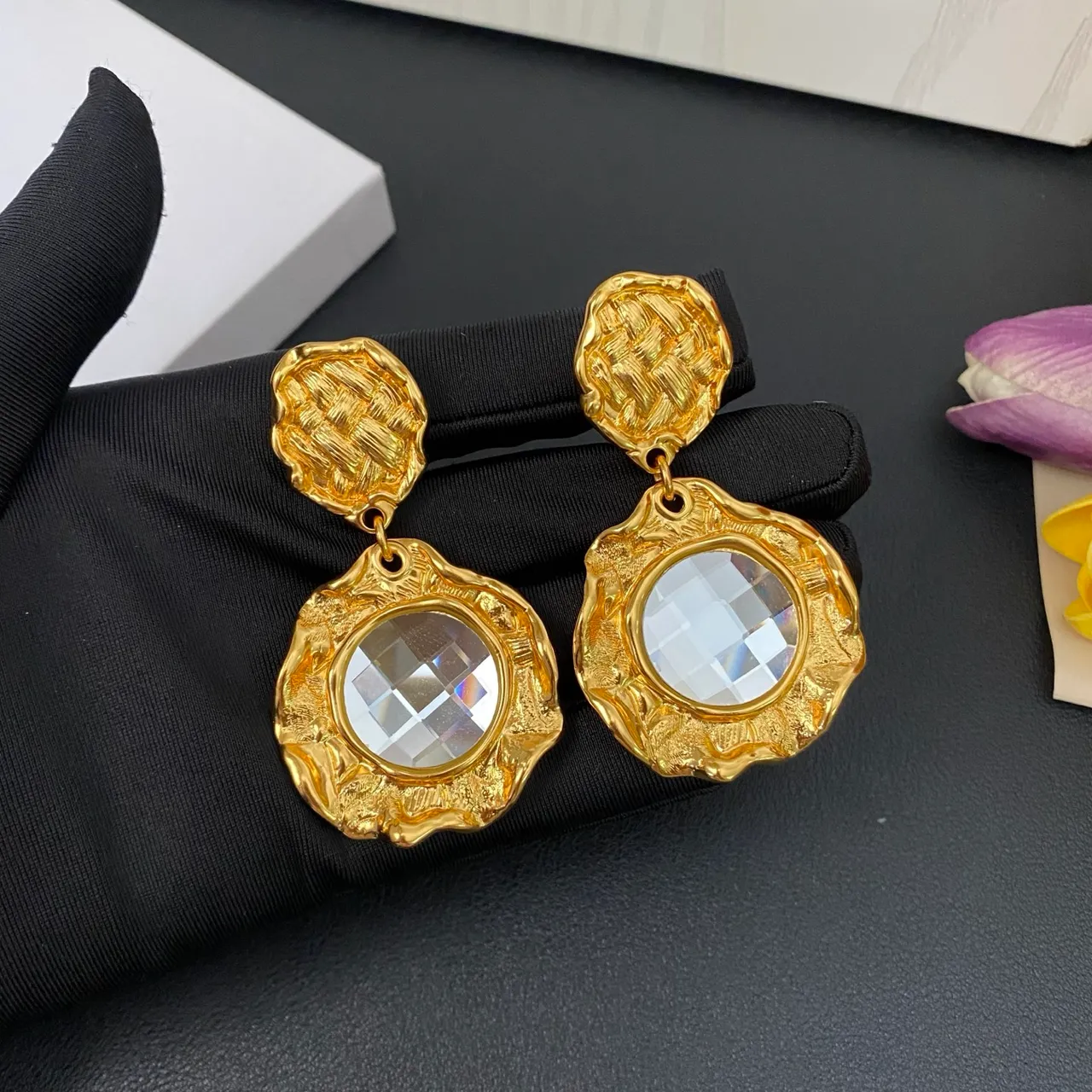 Gold Transparent Textured Metal Faceted Crystal Centerpiece Earrings 7