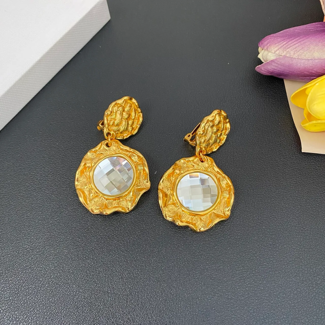 Gold Transparent Textured Metal Faceted Crystal Centerpiece Earrings 9