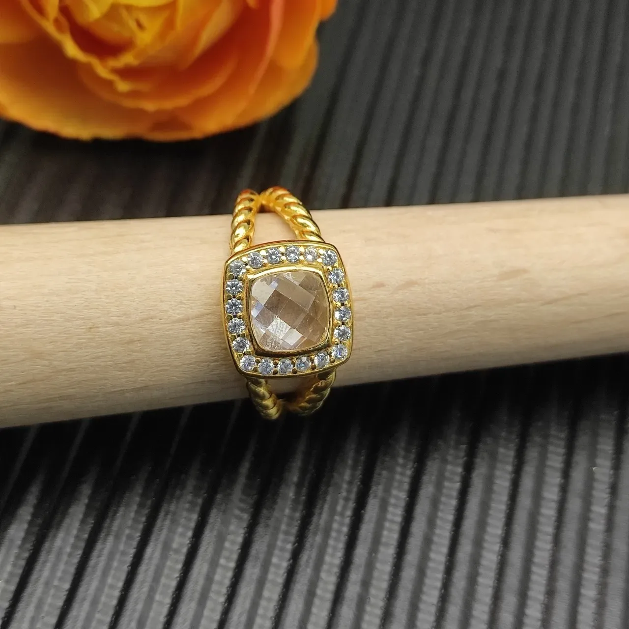 Gold Twisted Band Cushion-Cut Halo Ring 3