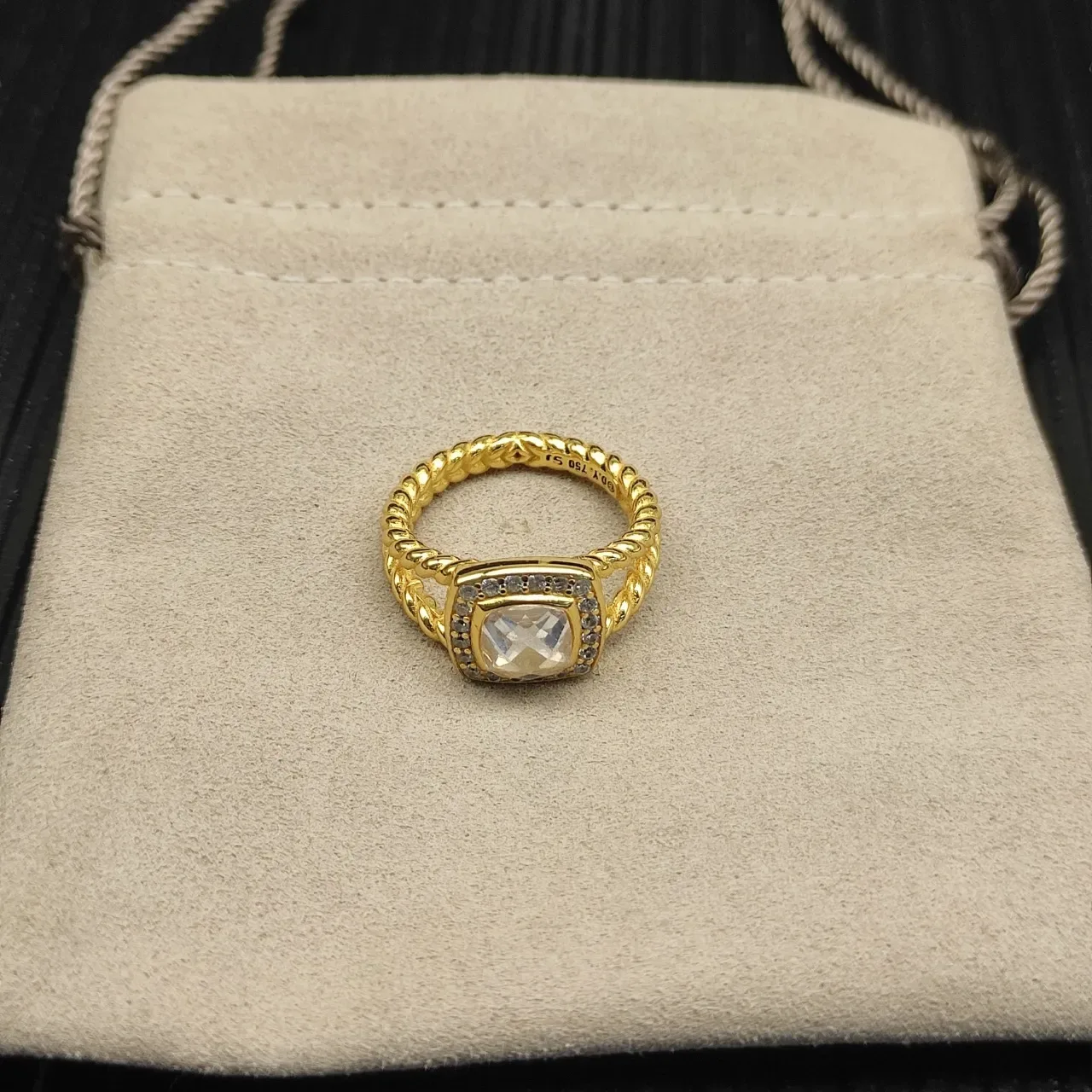 Gold Twisted Band Cushion-Cut Halo Ring 4