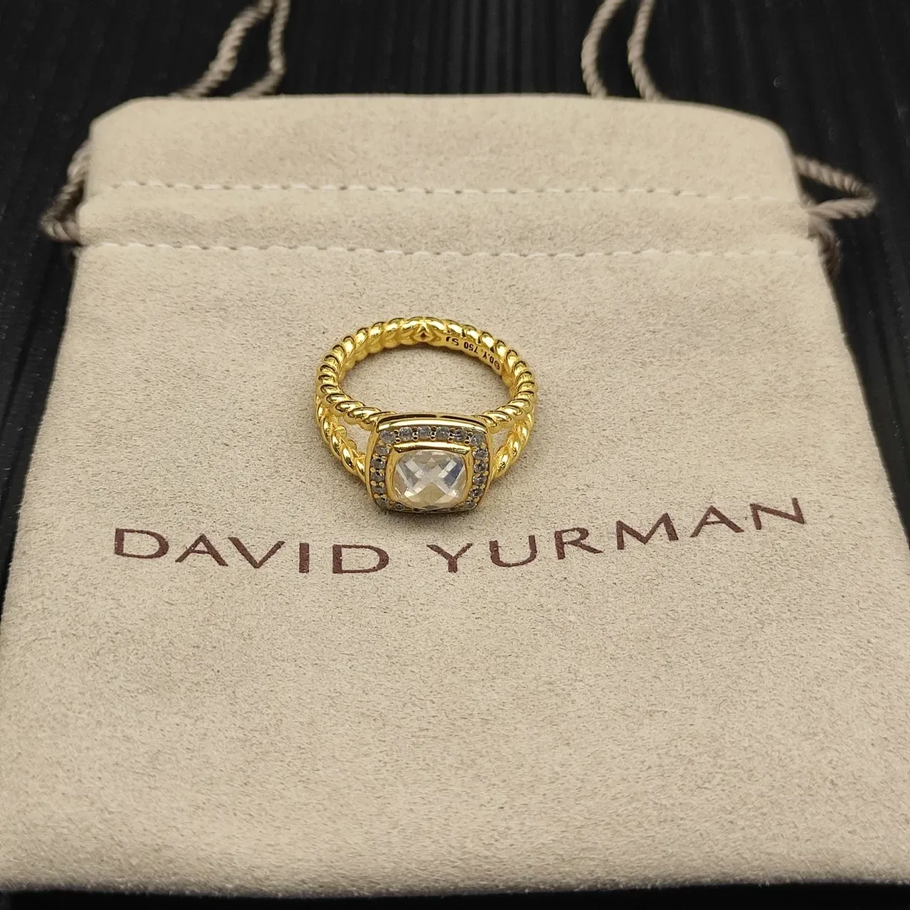 Gold Twisted Band Cushion-Cut Halo Ring 5