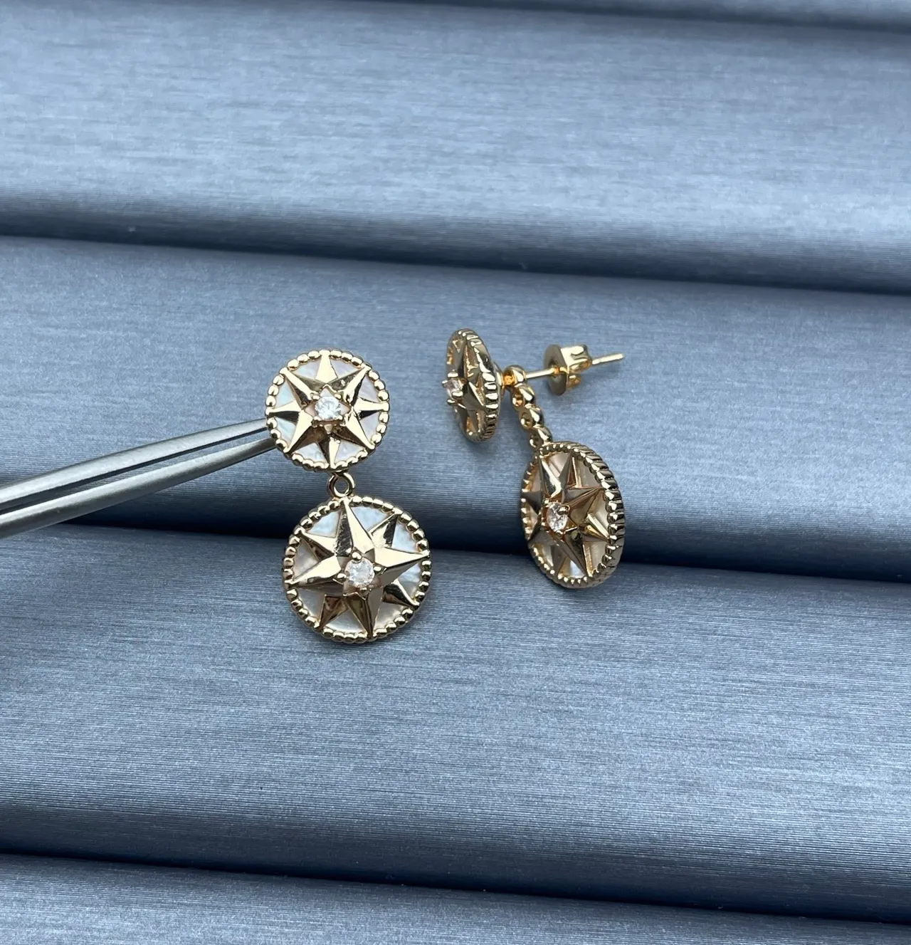 Gold White Double-Drop Star Motif Earrings 2