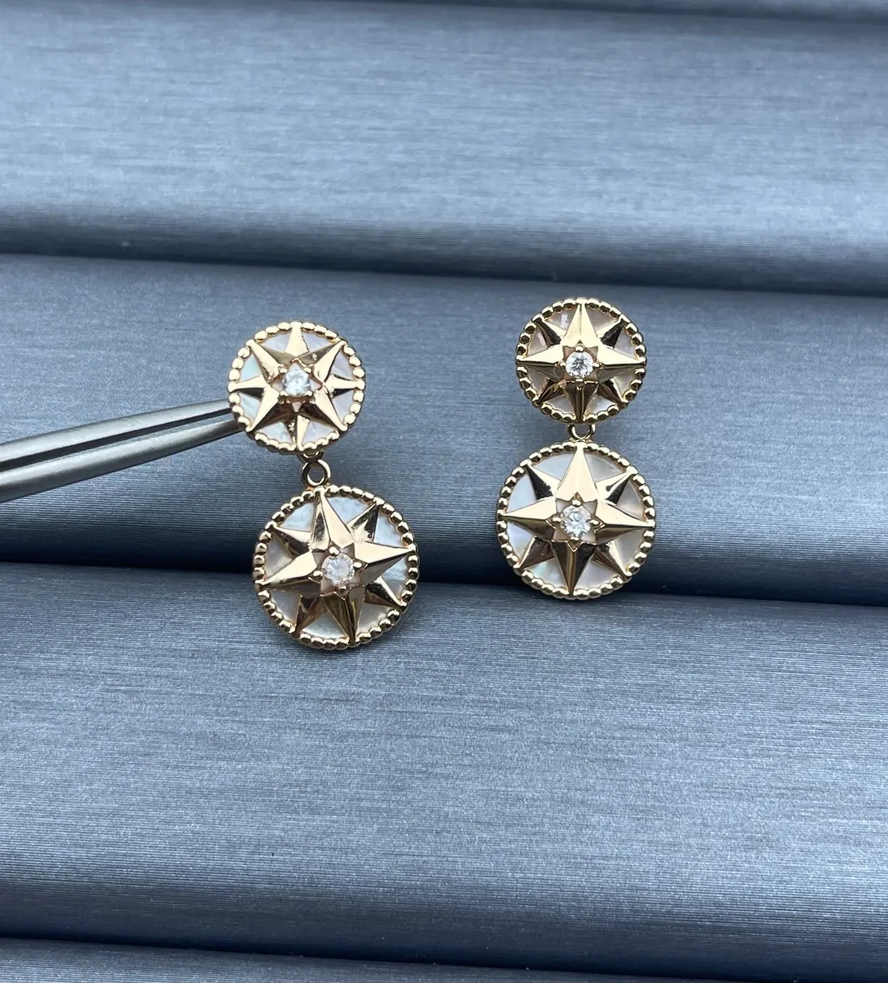 Gold White Double-Drop Star Motif Earrings 3