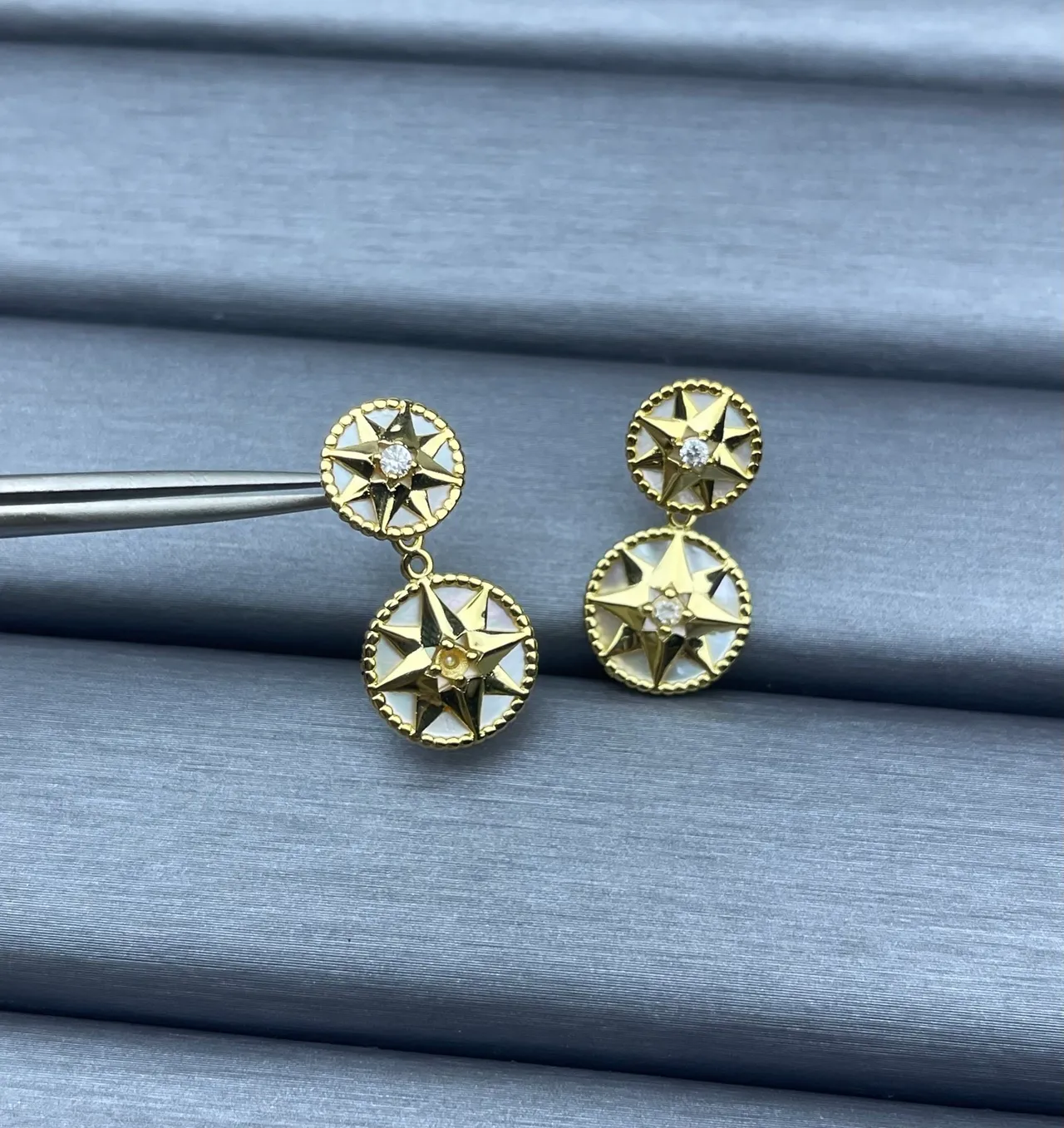 Gold White Double-Drop Star Motif Earrings 4