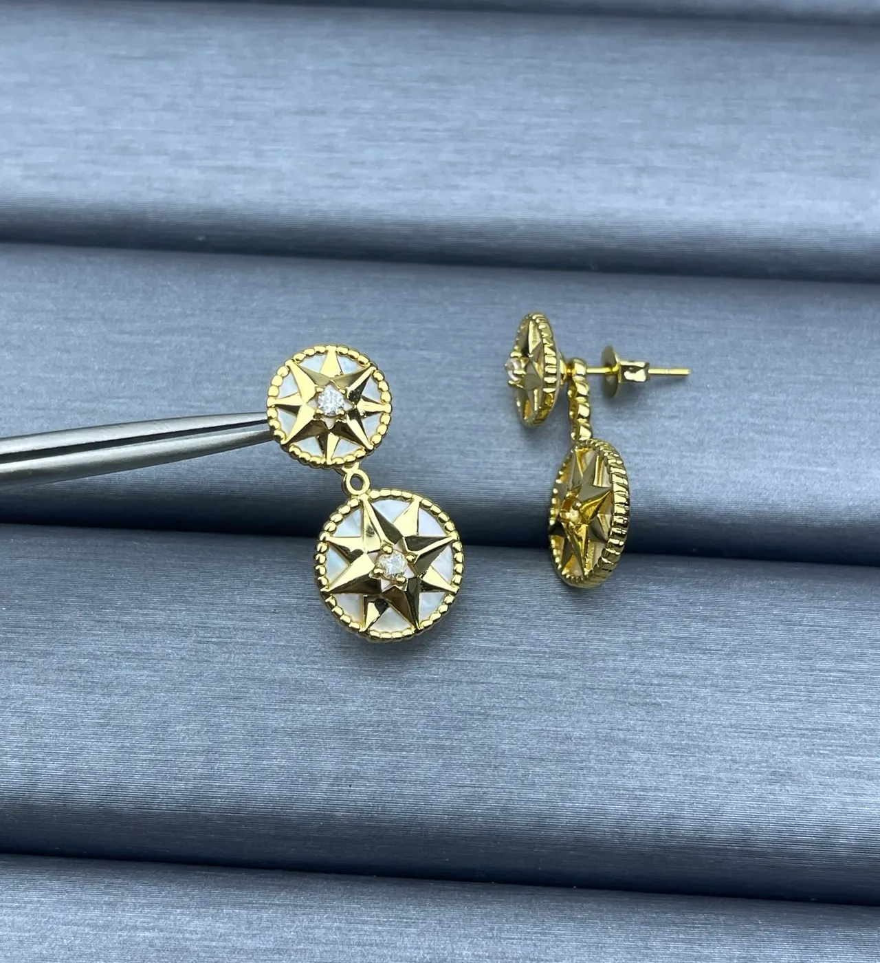 Gold White Double-Drop Star Motif Earrings 5