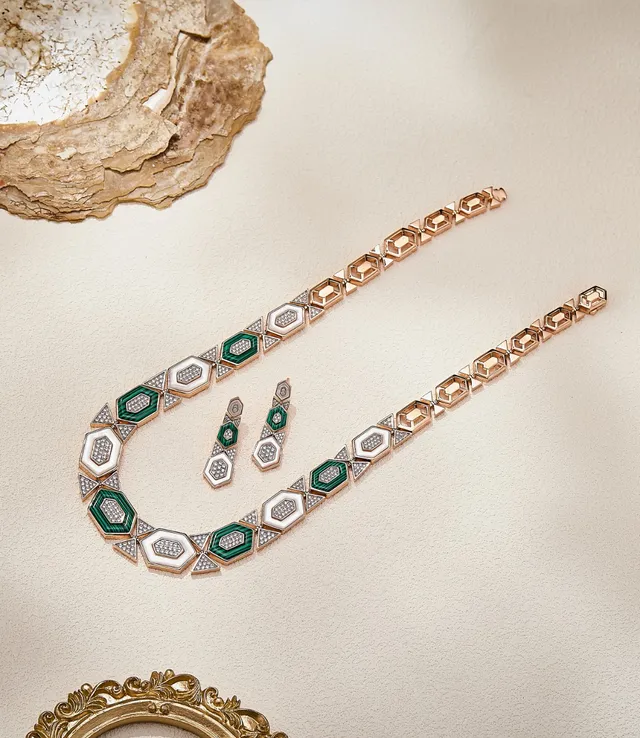Gold White Geometric Hexagonal Links Pavé-Set Stones Necklace 2