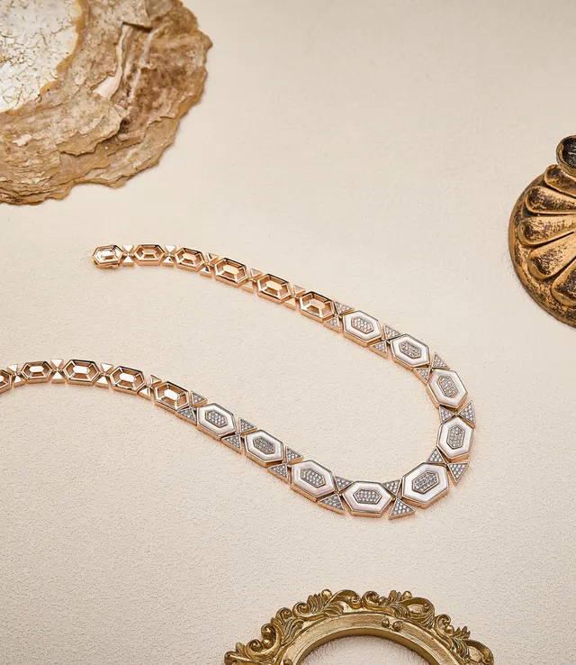 Gold White Geometric Hexagonal Links Pavé-Set Stones Necklace 5