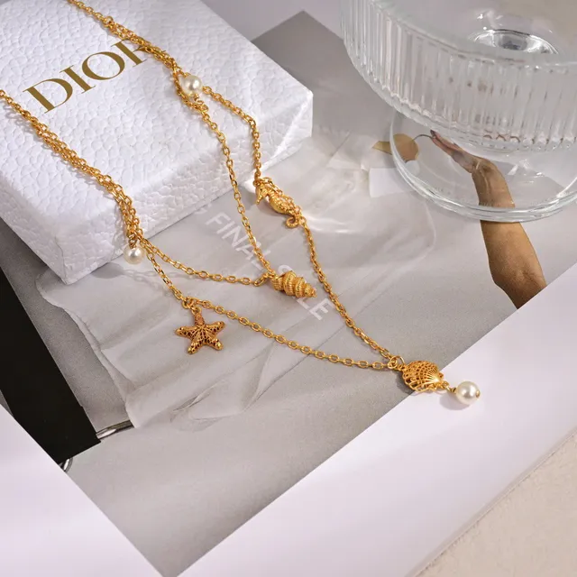Gold White Layered Sea-Themed Charms Necklace 2