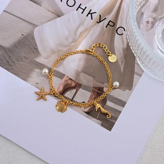 Gold White Layered Sea-Themed Charms Necklace 3