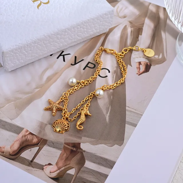 Gold White Layered Sea-Themed Charms Necklace 4