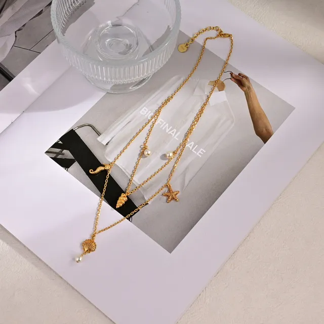 Gold White Layered Sea-Themed Charms Necklace 9