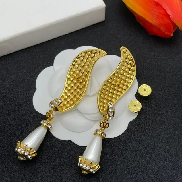 Gold White Pavé Crystal Wings Teardrop Pearl Drop Earrings 3