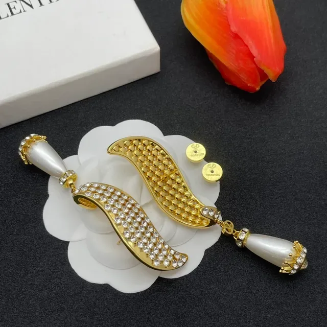Gold White Pavé Crystal Wings Teardrop Pearl Drop Earrings 4