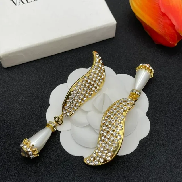 Gold White Pavé Crystal Wings Teardrop Pearl Drop Earrings 6