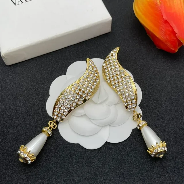 Gold White Pavé Crystal Wings Teardrop Pearl Drop Earrings 7