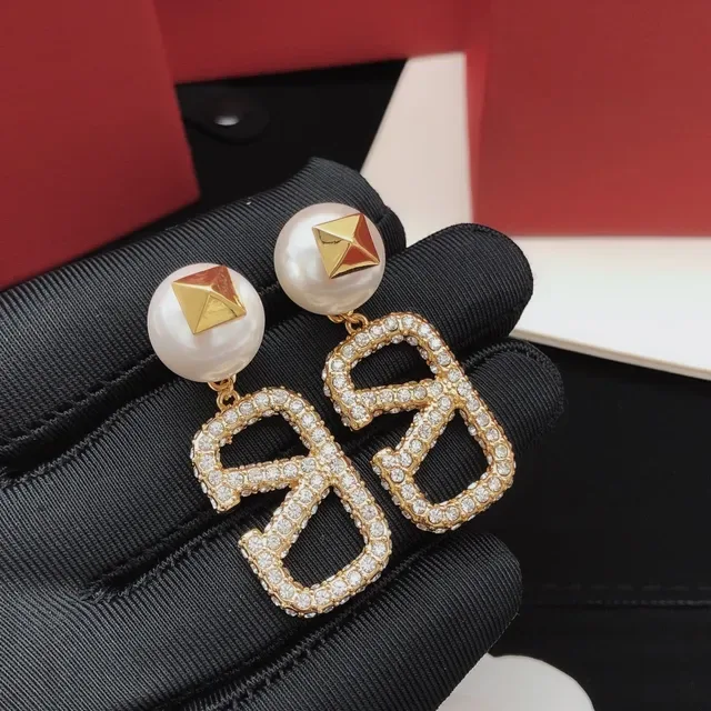 Gold White Pearl Stud Crystal Pavé Earrings 6