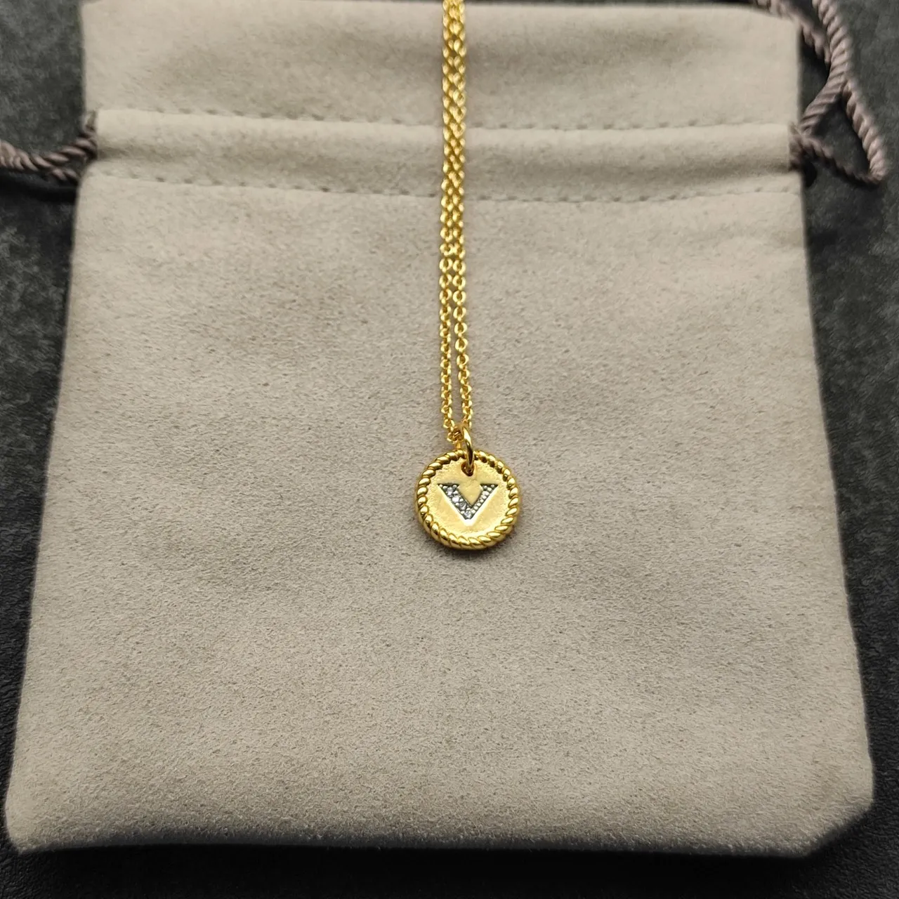 Gold White Rope-Edge Border Pavé-Set Monogram Necklace 3