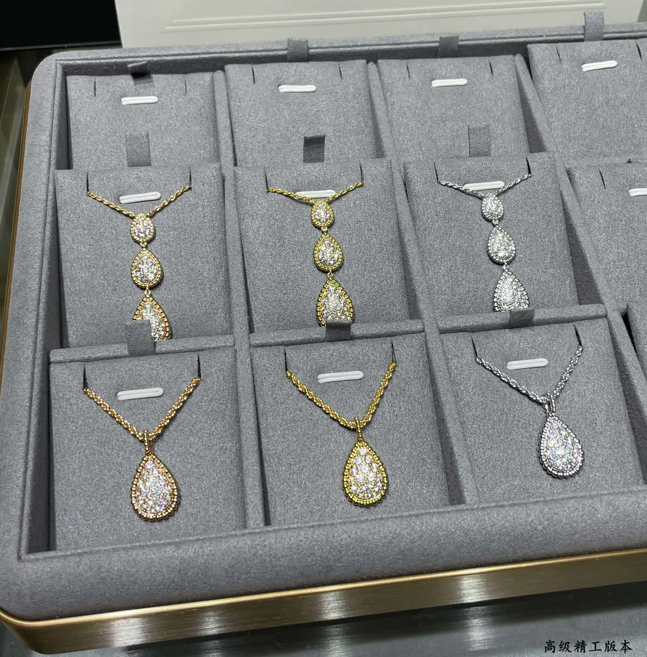 Gold White Three-Tiered Teardrop Pendant Pavé-Set Stones Necklace 2