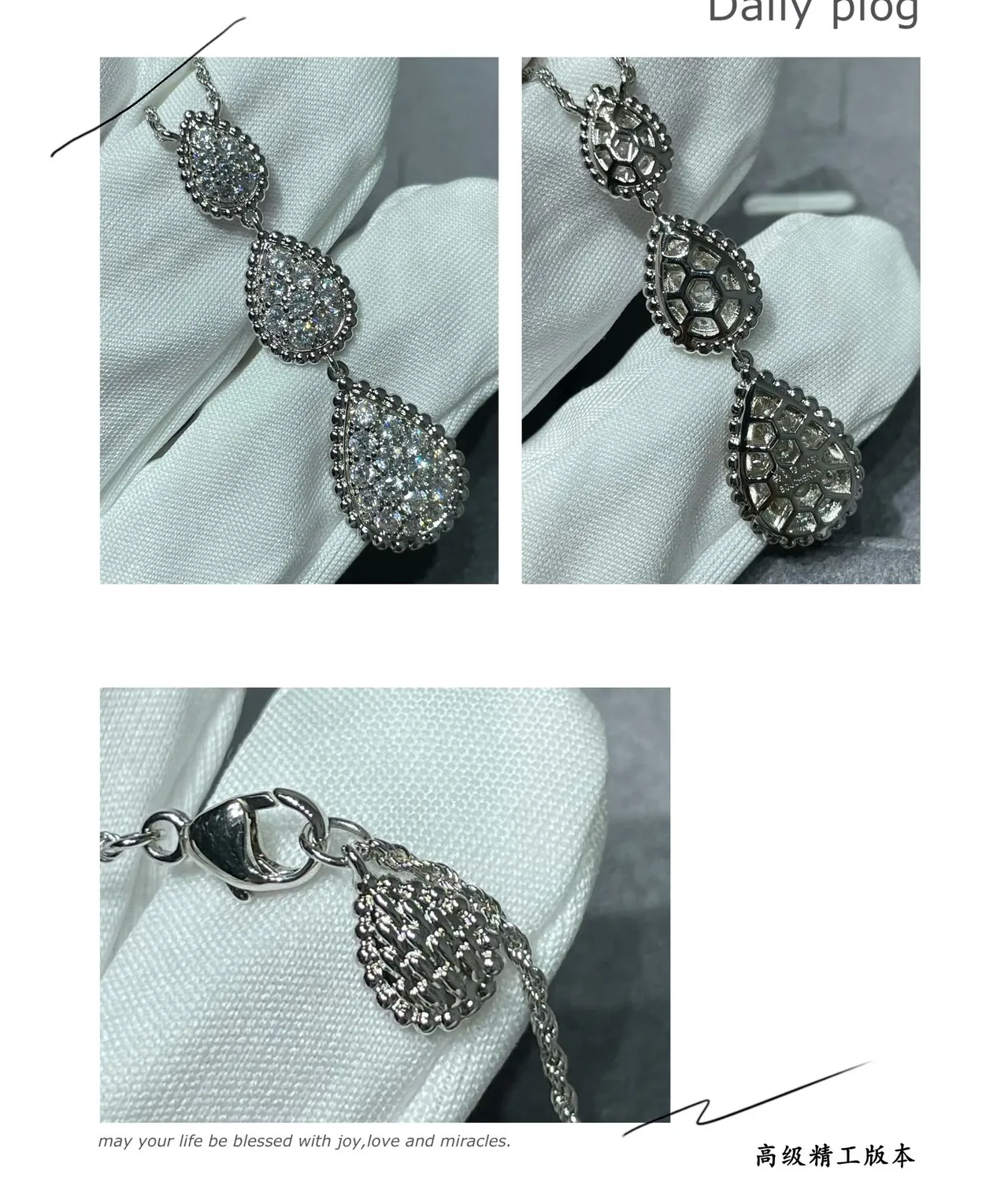 Gold White Three-Tiered Teardrop Pendant Pavé-Set Stones Necklace 3