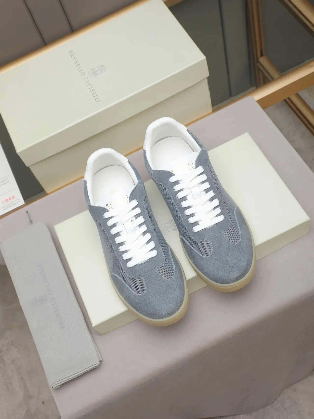 Gray and White Mesh-Suede Low-Top Gum Sole Sneaker 3