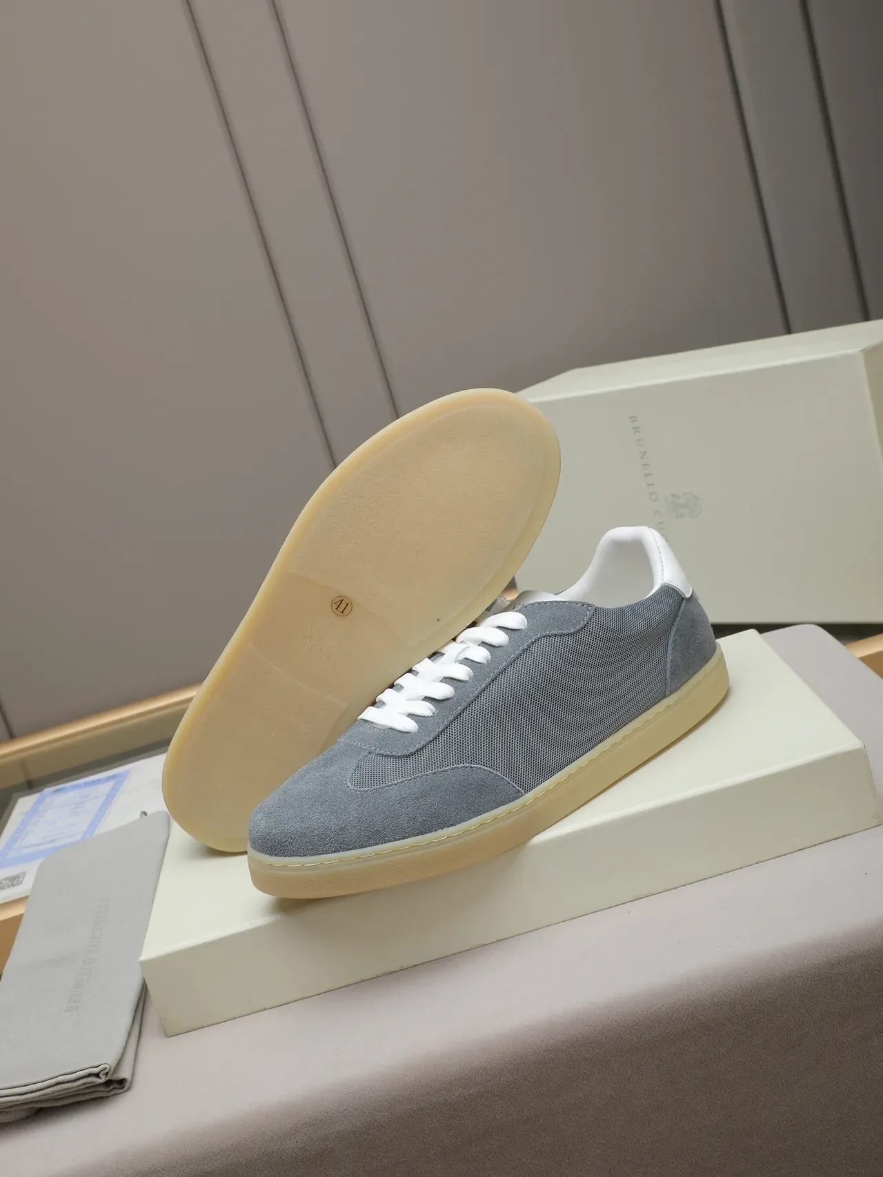 Gray and White Mesh-Suede Low-Top Gum Sole Sneaker 5