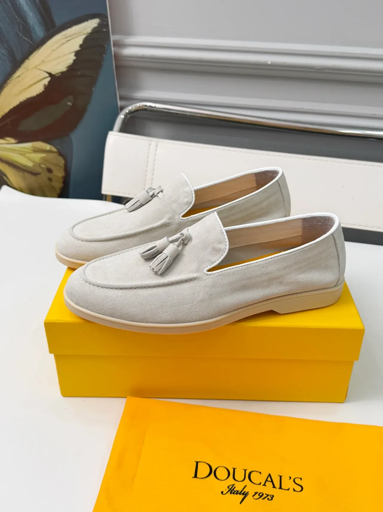 Gray Beige Suede Tassel-Detail Loafer 4