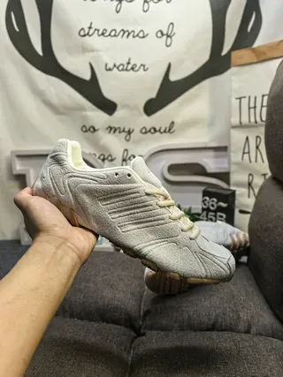 Gray Beige Textured Suede-Like Upper Sculpted Wave-Pattern Overlays Sneakers 5