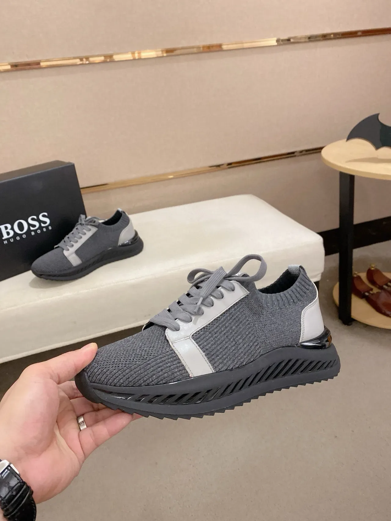 Gray Black Knit Upper Ribbed Texture Sneakers 4