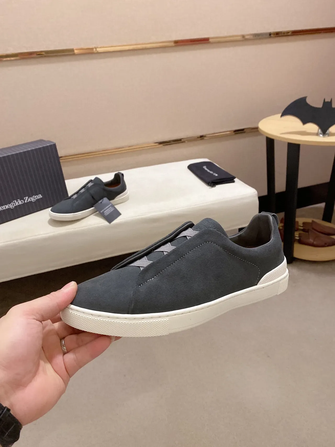 Gray White Slip-On Suede Upper Sneakers 7