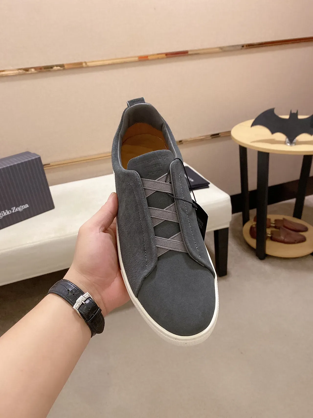 Gray White Slip-On Suede Upper Sneakers 9