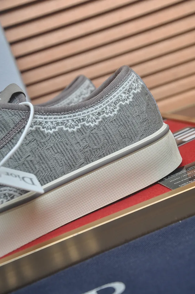 Gray White Textured Textile Upper Embroidered Lace-Style Trim Sneakers 2