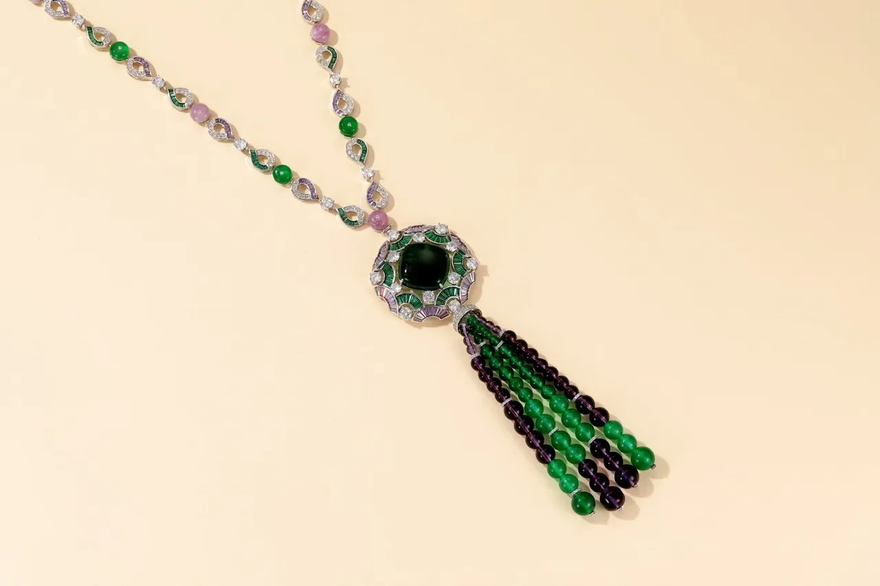 Green and Pink Beaded Tasseled Pendant Necklace 6