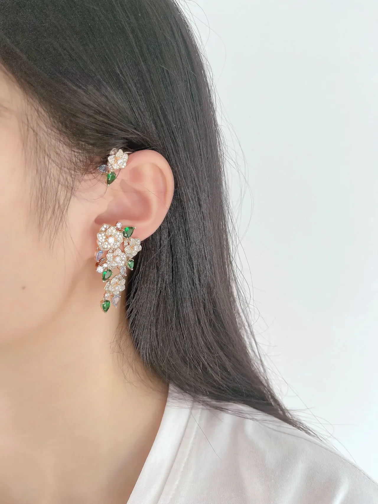 Green Blue Floral Motif Gemstone Cluster Earrings 2