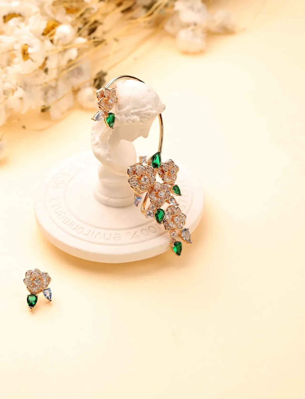 Green Blue Floral Motif Gemstone Cluster Earrings 4