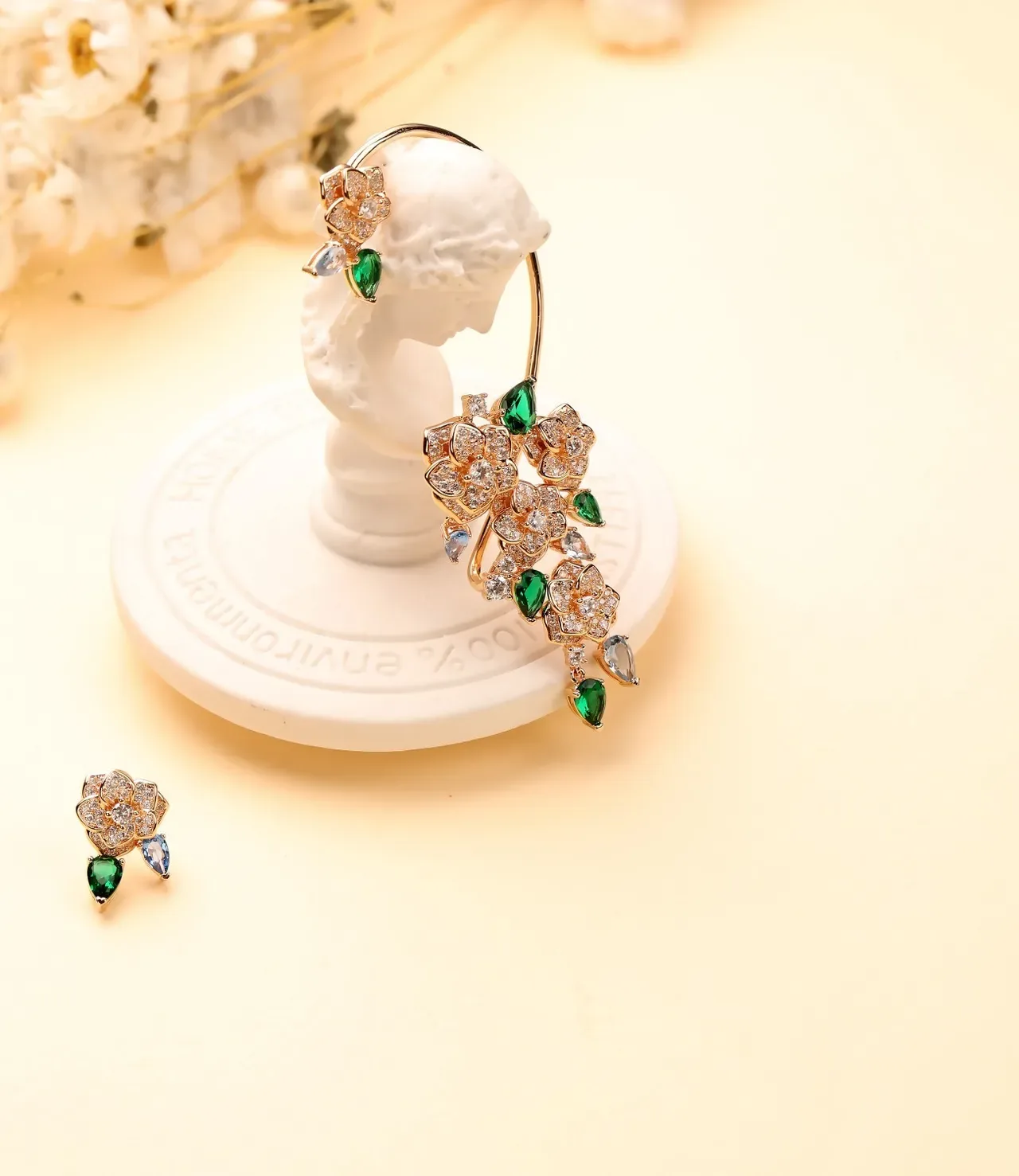 Green Blue Floral Motif Gemstone Cluster Earrings 6