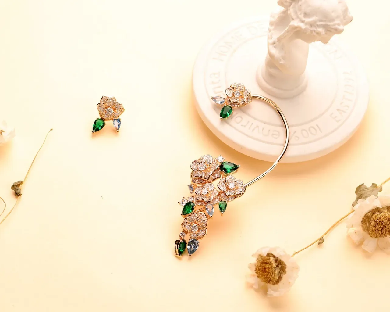 Green Blue Floral Motif Gemstone Cluster Earrings 8