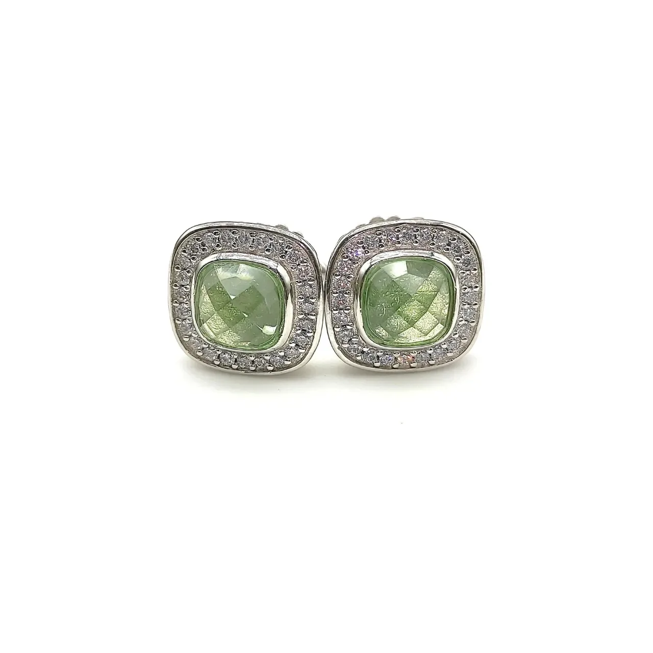 Green Cushion-Cut Gemstone Pavé Halo Stud Earrings 2
