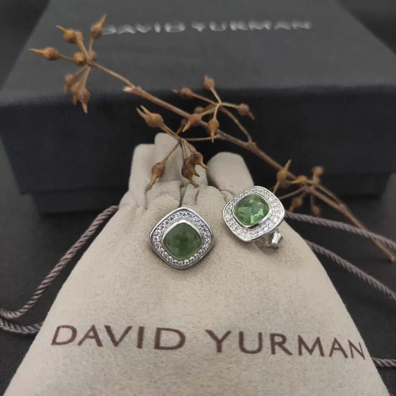 Green Cushion-Cut Gemstone Pavé Halo Stud Earrings 3