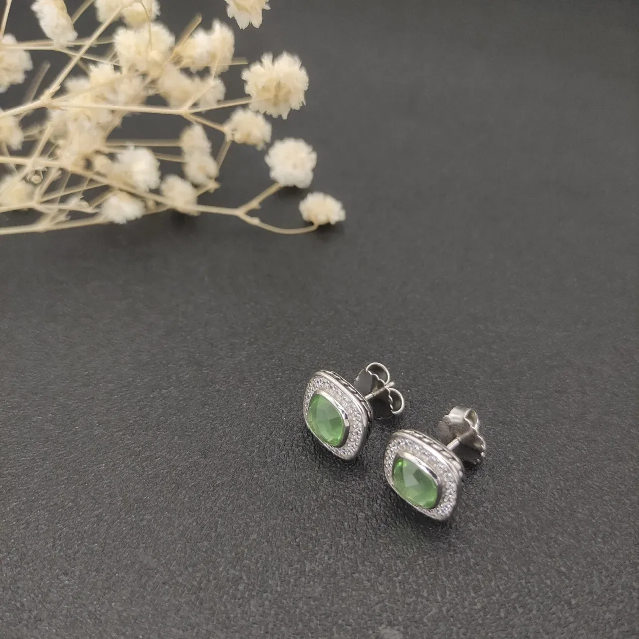 Green Cushion-Cut Gemstone Pavé Halo Stud Earrings 4
