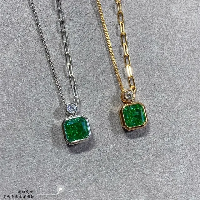 Green Gold Link Chain Emerald-Cut Gemstone Necklace 7