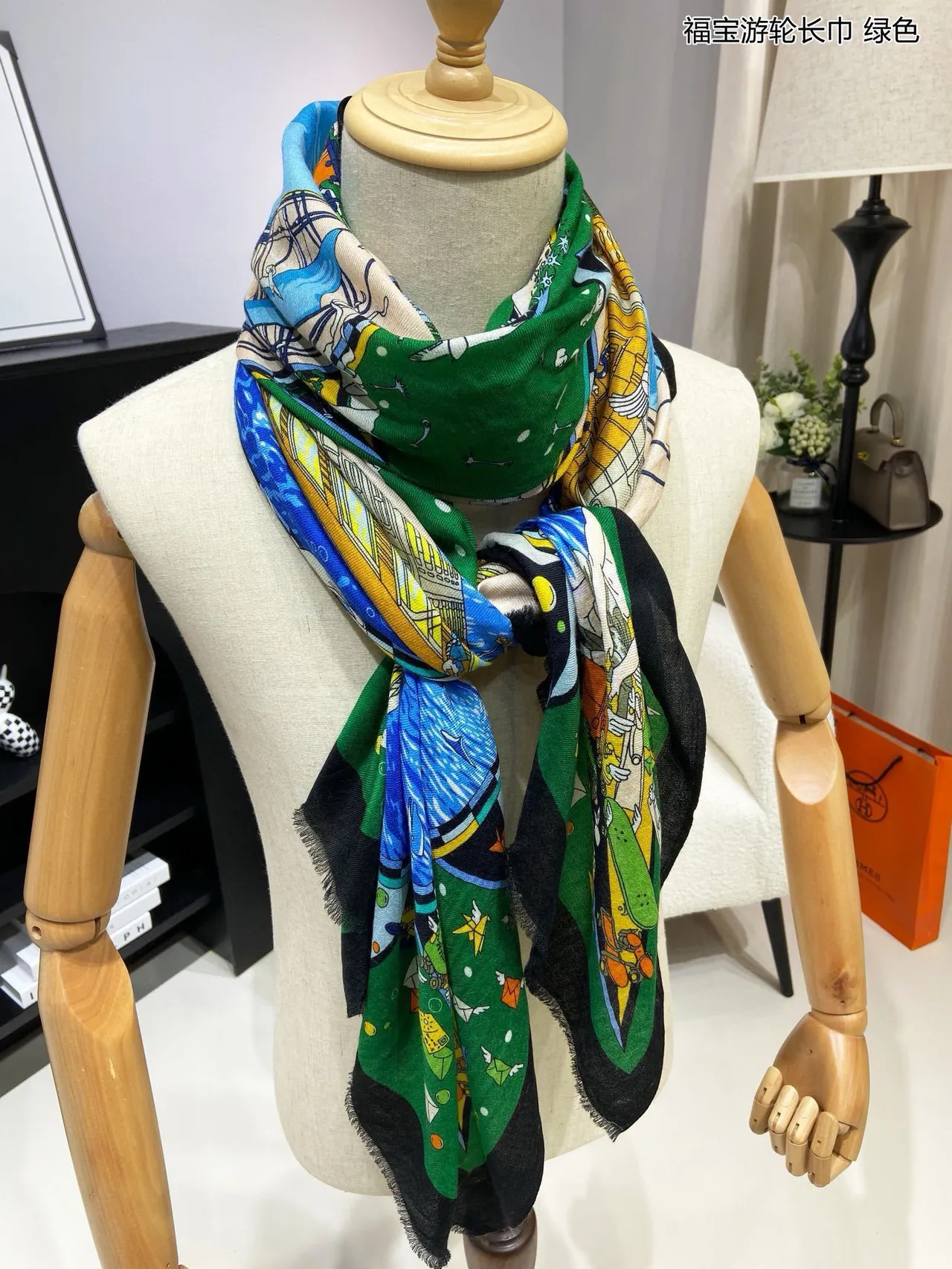 Green Multicolor Narrative Illustrated Print Fringed Hem Silk Scarf 6