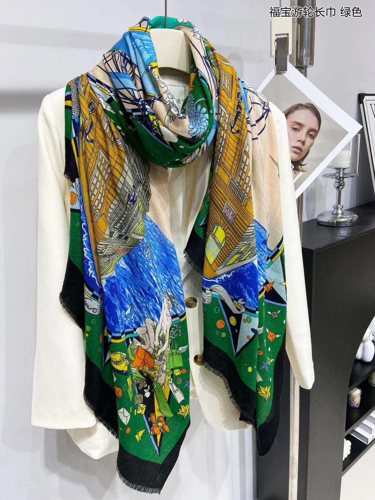 Green Multicolor Narrative Illustrated Print Fringed Hem Silk Scarf 9