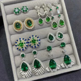 Green Silver Statement Pavé-Set Earrings